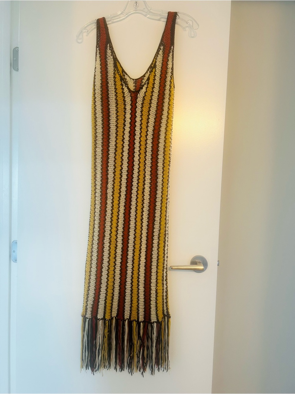 Forever 21 Crochet Striped Fringe Maxi Dress in Mustard, Rust & Cream and red.